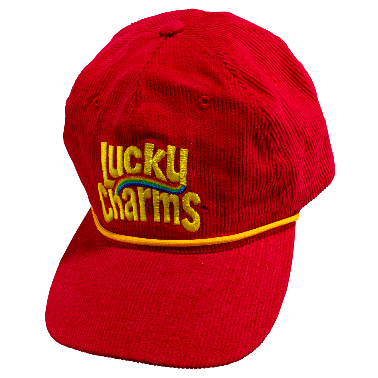 Red corduroy rope cap with Lucky Charms logo on the front.