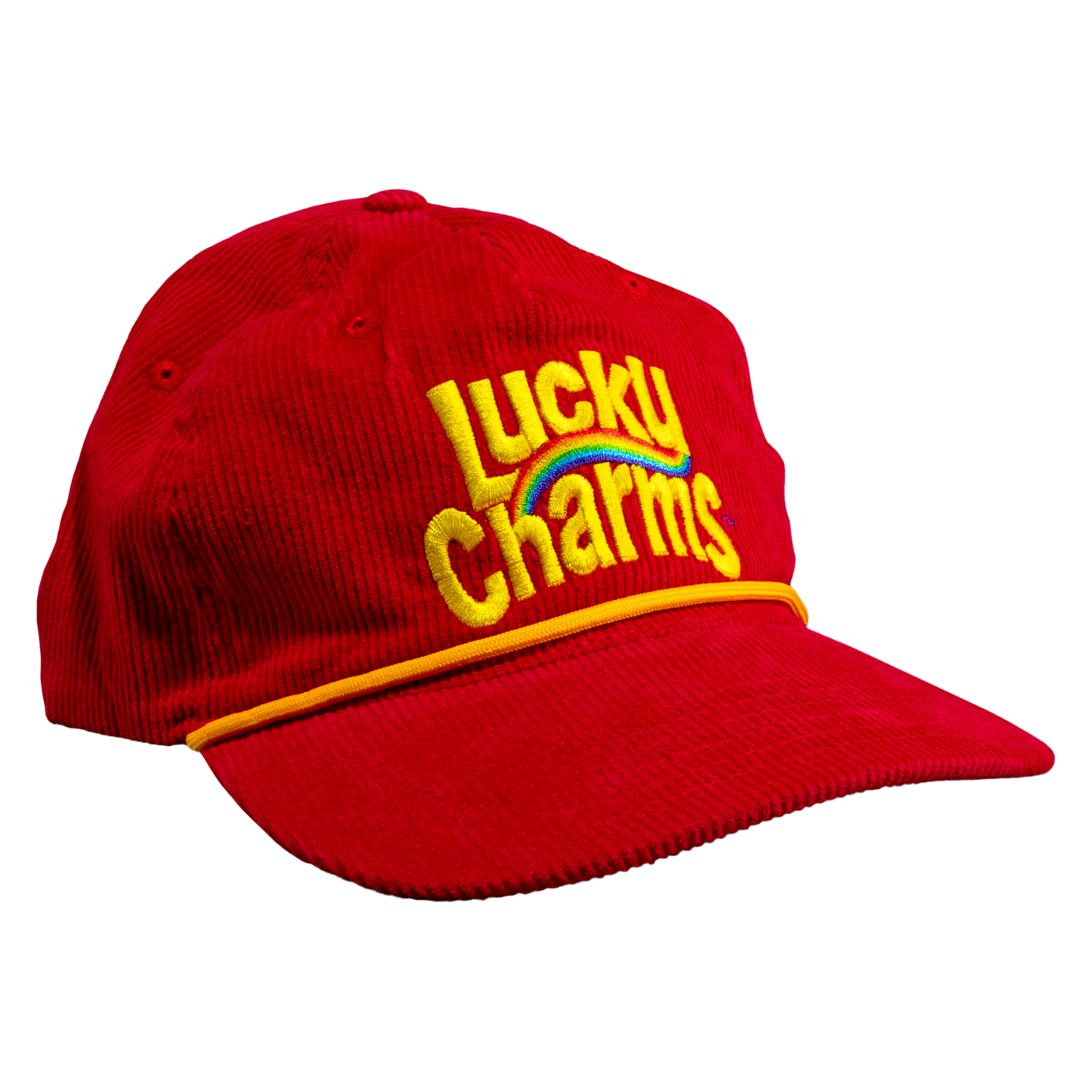 Red corduroy rope cap with Lucky Charms logo on the front.