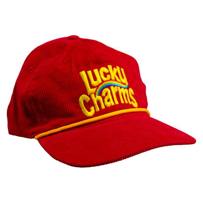 Red corduroy rope cap with Lucky Charms logo on the front.