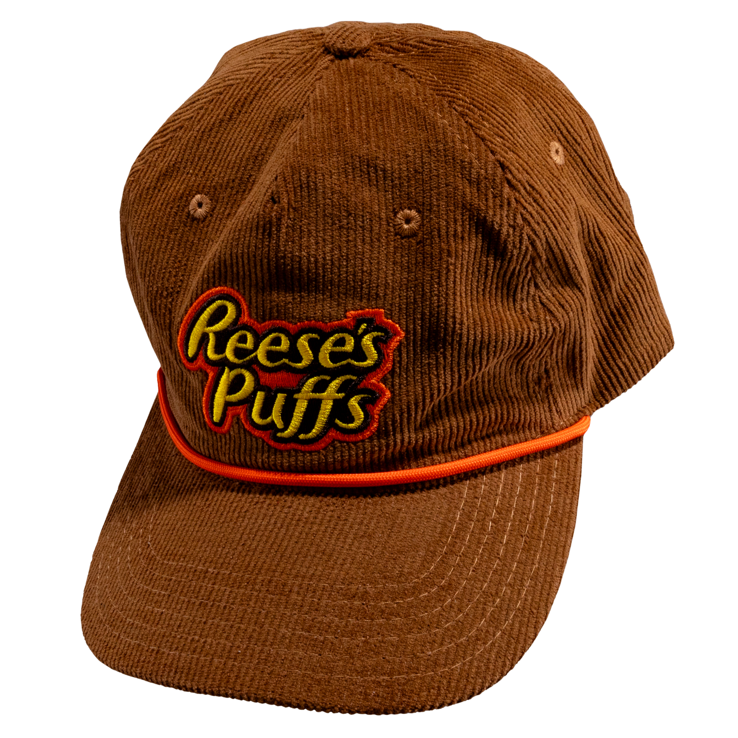 Brown corduroy rope cap with Reese's Puffs logo on the front.