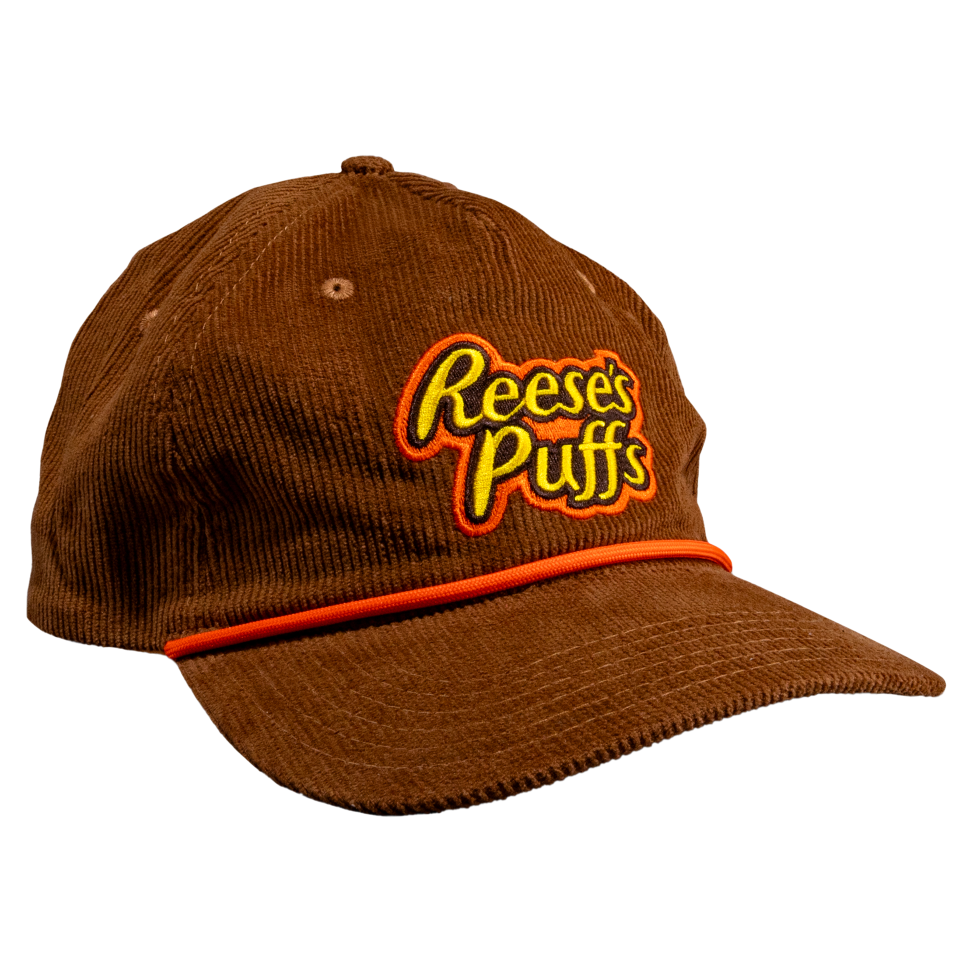 Brown corduroy rope cap with Reese's Puffs logo on the front.