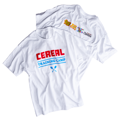 Cereal Training Camp t-shirt with cereal logos on the back.