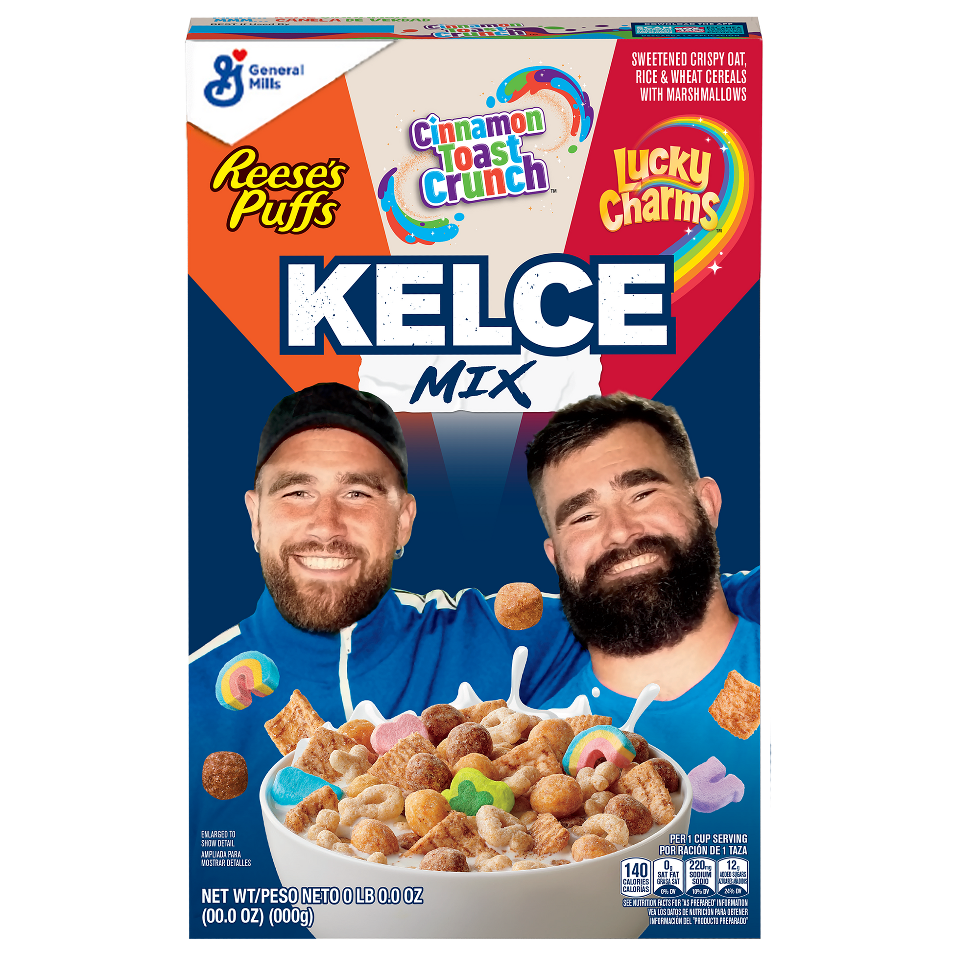 Kelce Mix cereal box with Reese's Puffs, Cinnamon Toast Crunch and Lucky Charms mix of cereal.