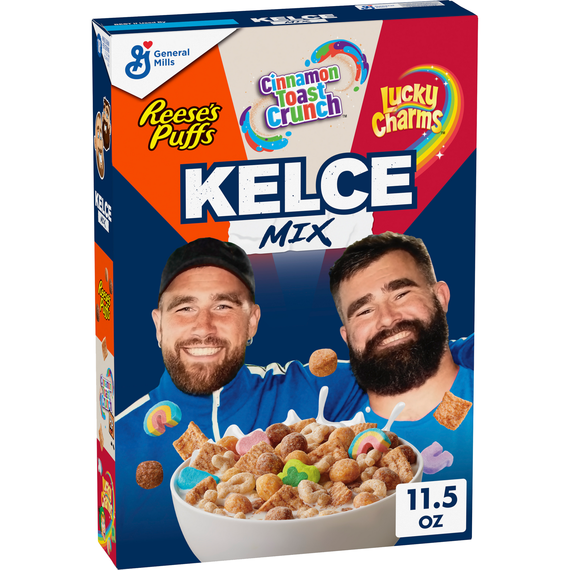 Kelce Mix cereal box with Reese's Puffs, Cinnamon Toast Crunch and Lucky Charms mix of cereal.