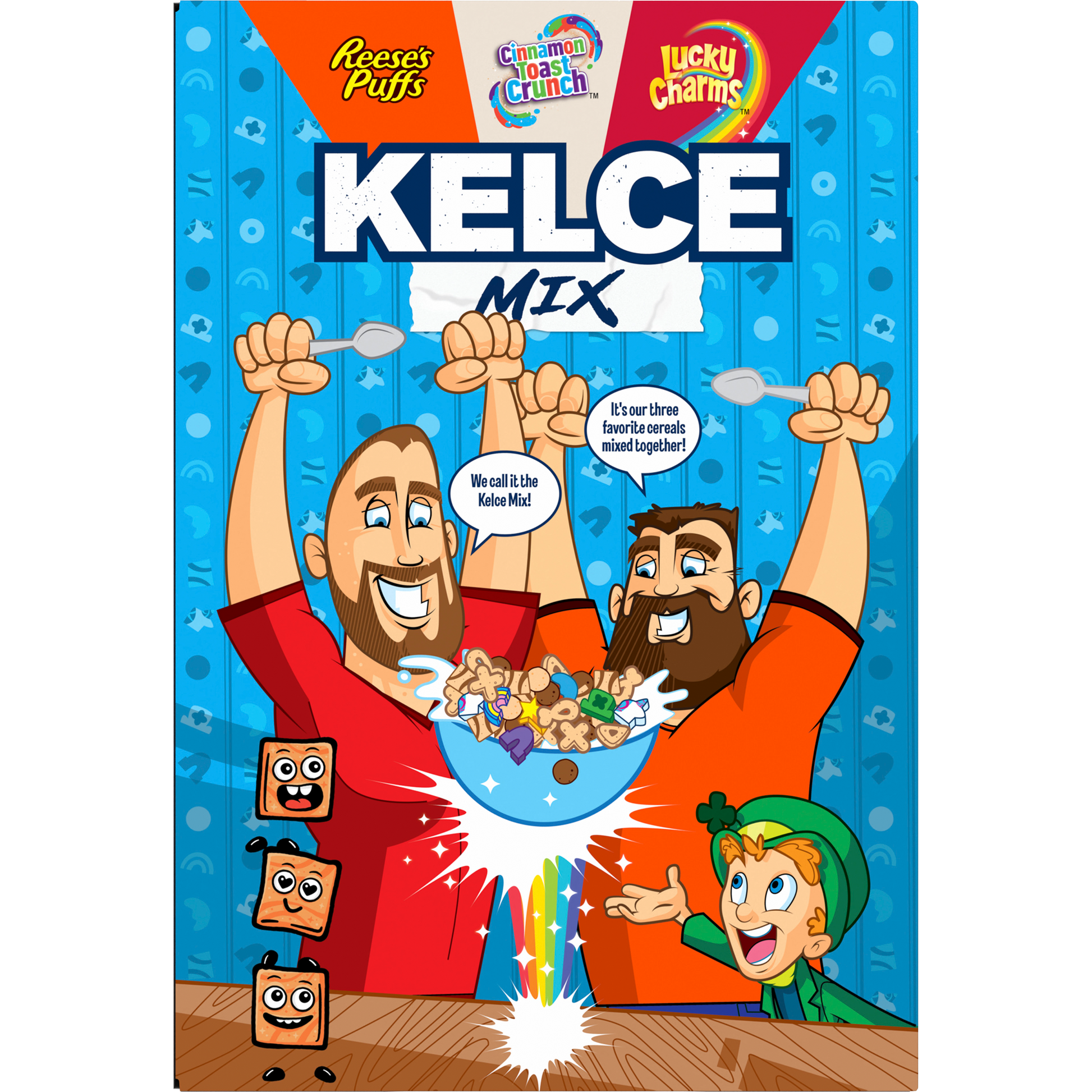 Kelce Mix cereal box with Reese's Puffs, Cinnamon Toast Crunch and Lucky Charms mix of cereal.