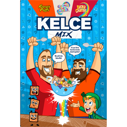 Kelce Mix cereal box with Reese's Puffs, Cinnamon Toast Crunch and Lucky Charms mix of cereal.